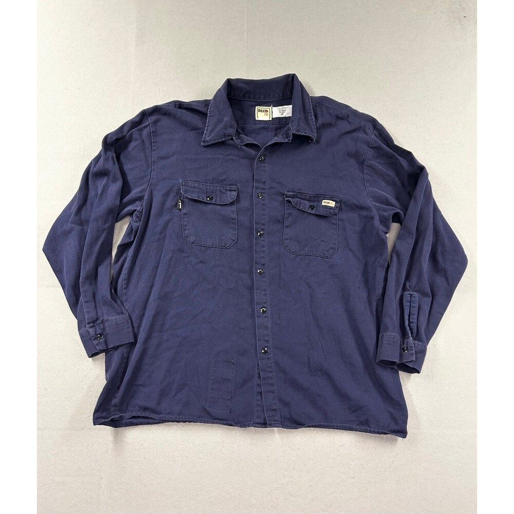 REED FR Men's Long Sleeve Button Front Work Shirt Navy Blue XL